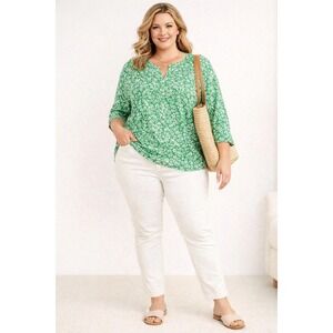 J. Jill Green White Floral Viscose Rayon Split Neck Blouse Medium 254681
